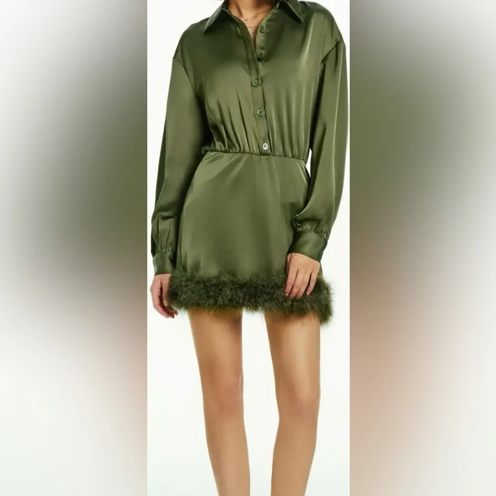 Cider Green Satin Dress with Fur Trim - Picture 1 of 8